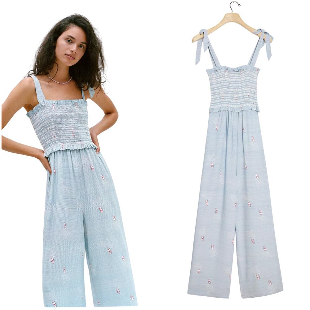 Anthropologie Sea Legs Smocked Jumpsuit Corey Lynn Calter L large boat wide leg